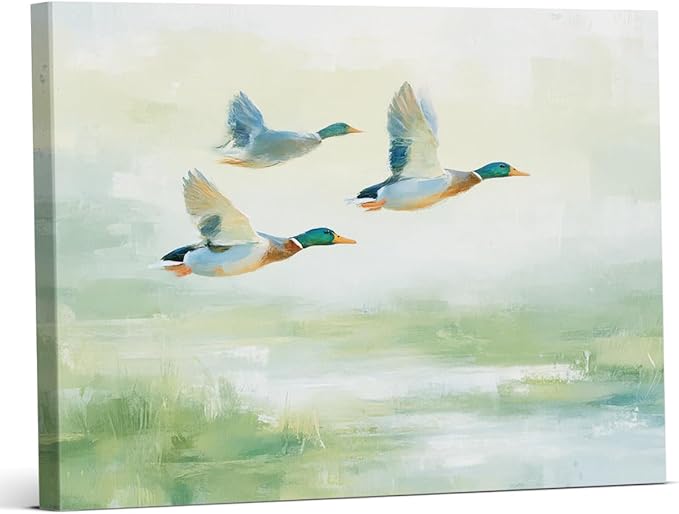 Vintage Mallard Duck Wall Art Decor Cottagecore Ducks Green Print Picture Rustic Wall Decor for Farmhouse Home Living Room 8x10 Inch Canvas Framed
