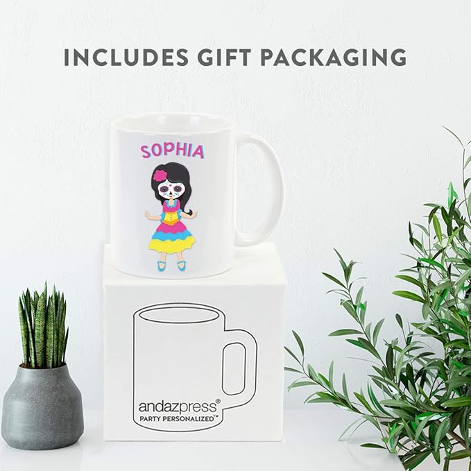Andaz Press Personalized 11oz. Kids Hot Chocolate Mug, Mexican Day of the Dead Dia de Los Muertos Girl, 1-Pack, Custom Child’s Birthday Christmas Coffee Cup