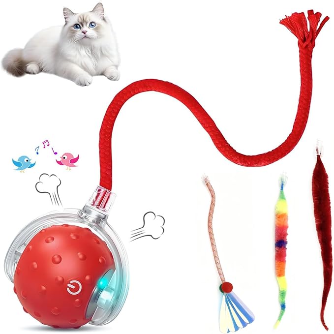 Interactive Cat Toy Ball – Automatic Rolling Cat Toys for Indoor Cats, Motion Activated & Chirping Sound with 4 Replaceable Tails, Rechargeable Cat Toys for Bored Indoor Adult Cats, Kittens -RED