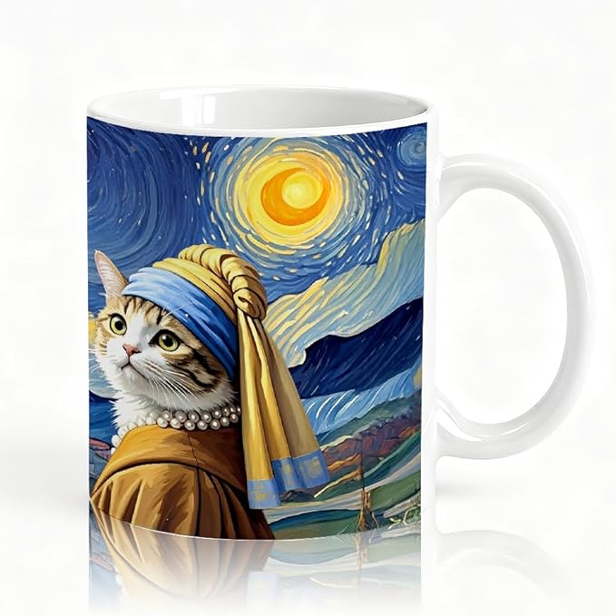 Famous Oil Painting Starry Night Cat Art Theme Double-Sided Ceramic Mug, Famous Art Parody Girl Cats Mug for Pet Lover, Kitty Lover Gifts for Women Friend, Christmas Birthday Gifts for Cat Mom