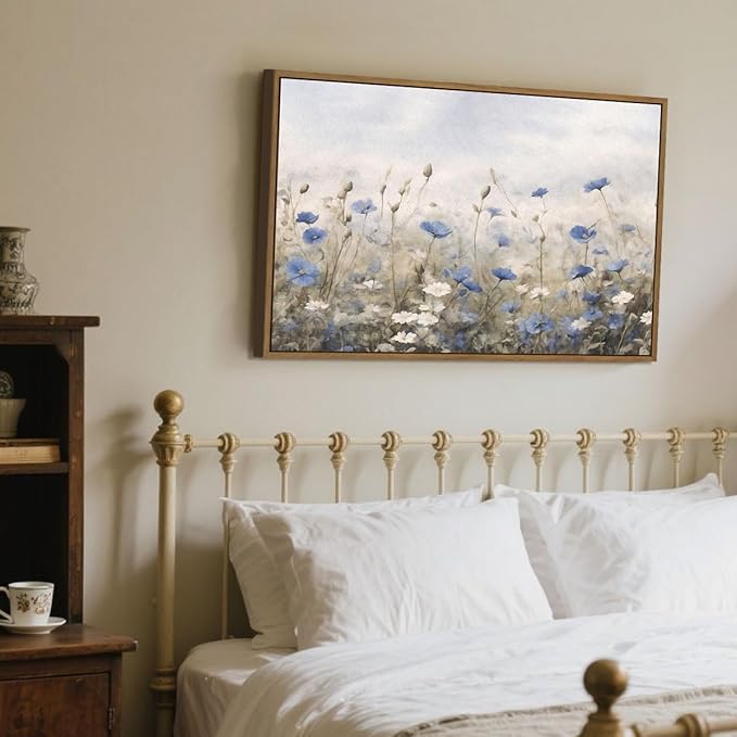Vintage Floral Wall Art Blue White Flower Canvas Art Prints Wildflower Pictures Wall Decor Nature Landscape Oil Painting Framed Botanical Artwork for Girls Room Bedroom Farmhouse Decoration, 16''x24''