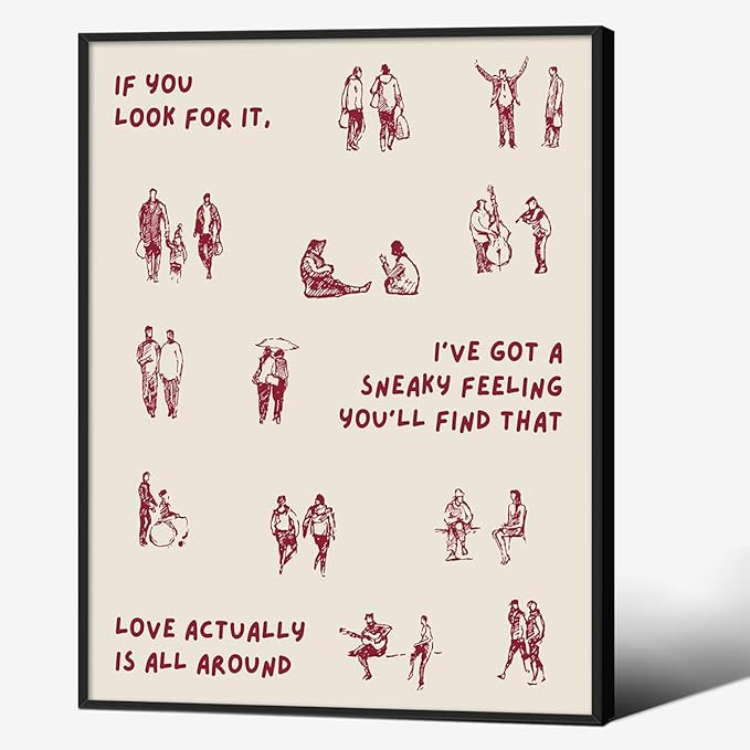 Love Actually Is All Around Wall Art Red Vintage Aesthetic Quotes Poster Minimalist Funky Small People Canvas Prints for Living Room Bedroom Wall Decor 08x10 inch Aluminum Framed