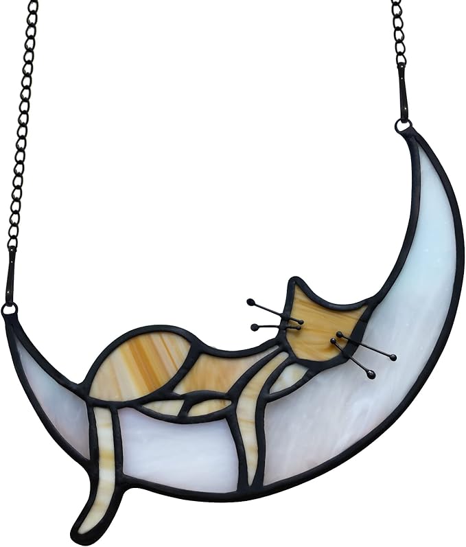 BOXCASA Stained Glass on Moon Cat Windown Hanging,Handcrafted Suncatcher Orange Cat Mom Gifts for Women,Daughter,Mothers Day,Christmas