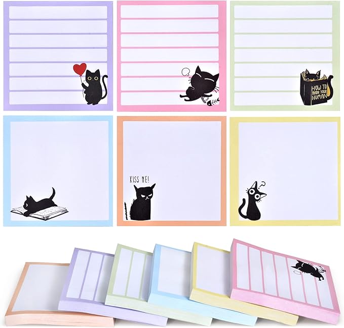 Sticky Notes 3x3 Cute Self-Stick Notes,6 Pack Funny Black Cat Notepad for Cat Lover Gift, Cute Cat Office Supplies, Easy Post Sticky Notes 480 Sheet Total