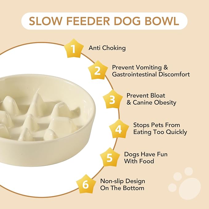 Ceramic 1.2 Cup Dog Raised Slow Feeder Set, Elevated Bowl with Wooden Stand for Medium and Small Dog, 7.3inch Slow Feeder Dish for Fast Easters (Light Yellow, Single Bowl+ Stand)