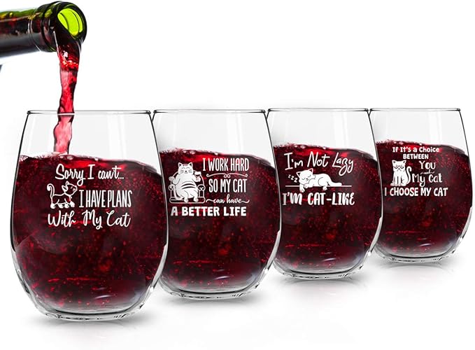 Funny Stemless Wine Glasses Set of 4 | Hilarious Gift Idea for Women, Pet Owners and Wine Lovers | 15 oz. Glass with Cute Cat Messages | Dishwasher Safe | Made in USA