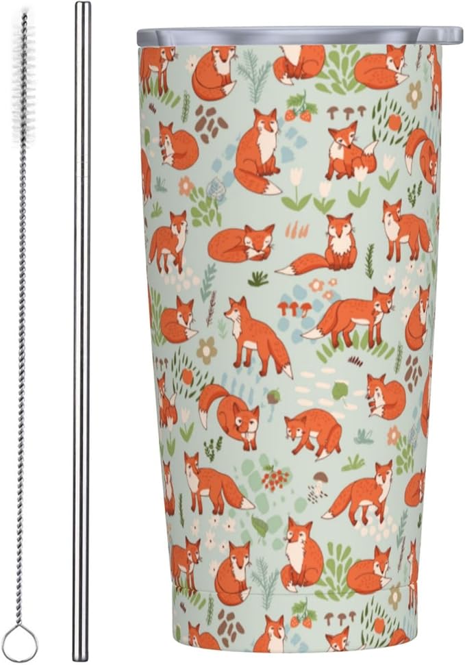 Fox Tumbler 20oz Cute Foxes Stainless Steel Insulated Tumblers with Lid and Straw Animal Travel Coffee Mug Tea Wine Cups Water Bottle Fox Gifts for Women