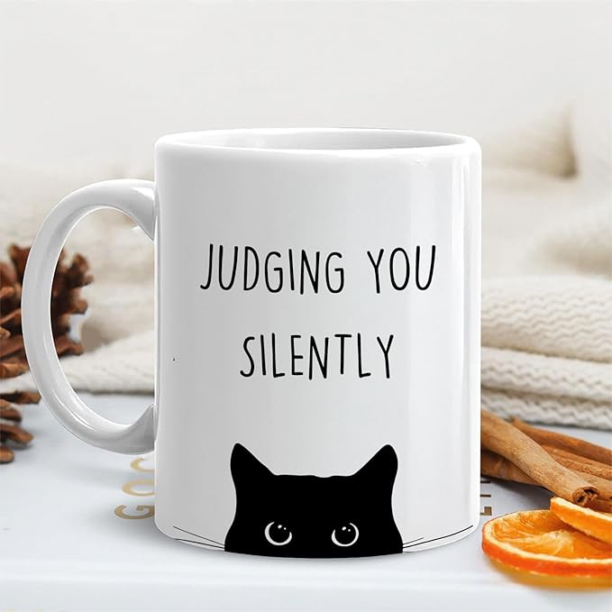 Funny Black Cat Mug, Black Cat Gifts Coffee Cup Ceramic, Cats Lover Lady Mom Dad Gifts, Judging You Silently Funny Kitty Kitten Ceramic Coffee Tea Mug 11 oz