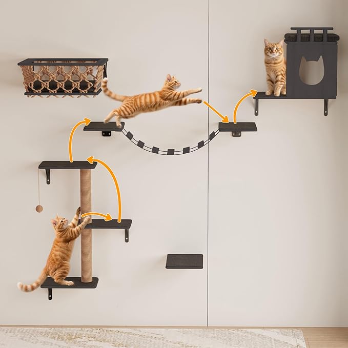 Cat Wall Shelves 5-Piece Set with Hammock, Wall-Mounted Cat Furniture Includes Cat Bridge, Condo, Ladder, Steps for Indoor Cats, Large Cats(Dark Gray)