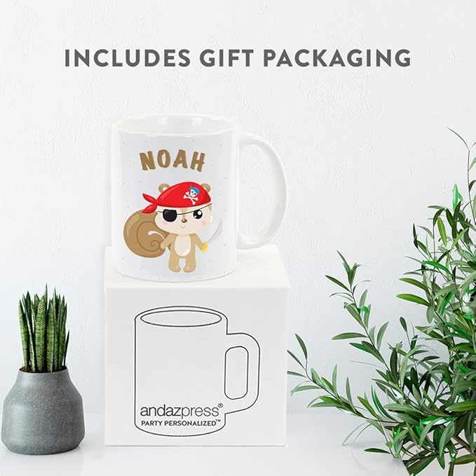 Andaz Press Personalized 11oz. Kids Milk Hot Chocolate Mug, Squirrel Pirate Red Scarf, 1-Pack, Custom Child’s Birthday Christmas Coffee Cup