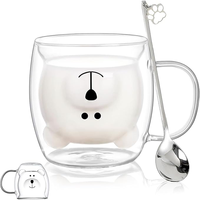 Binoster Bear Cute Mugs Kawaii Double Wall Glass Coffee Tea Mill Yogurt Cup Funny Novelty Gift for Women Her Friends Office Birthday Christmas (Bear with handle)