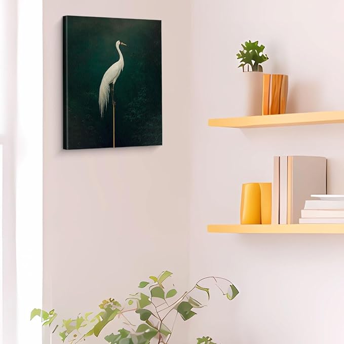 Japanese Crane Canvas Wall Art Vintage Bird Print Painting Dark Green Wall Decor for Home Farmhouse Living Room 8x10 Inches Framed