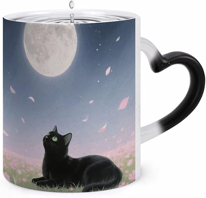 Aesthetic Cat Color Changing Mug 11oz, Heat Sensitive Coffee Mug Reveals Pattern with Hot Liquid, Ceramic Novelty Coffee Cup with Heart Shaped Handle, Funny Gift