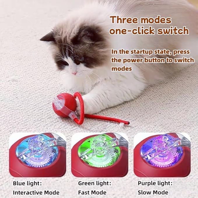 2026 New Interactive Cat Toy Ball for Indoor Cats Dog, Smart 360° Automatic Rolling Pet Ball Kitten Toys with Replace Feather , 3.0 Tail Electric Cat's Toys with LED Light Three Modes Adjustment