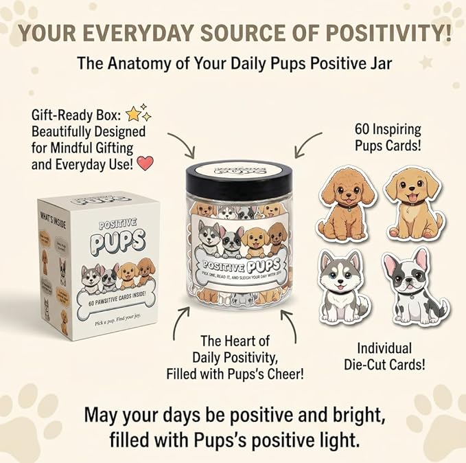 Positive Pups Jar with 60 Daily Affirmation Cards, Emotional Support Dog Gift for Women, Dog Mom Gifts, Funny Gifts for Teens Girls Coworkers Teachers, Inspirational Puppy Desk Decor