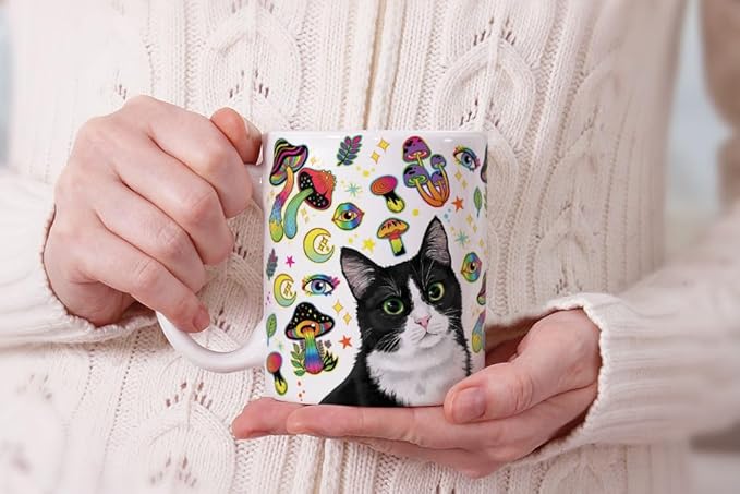 MUGBREW Cute Black White Tuxedo Cat On Rainbow Mushrooms Ceramic Coffee Mug Tea Cup, 11 OZ