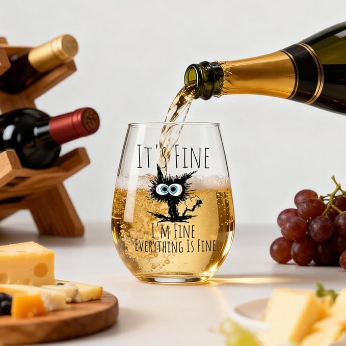 Funny Cat Lover It's Fine I'm Fine Everything Is Fines Wine Glass Gift for Men Women, Funny Cat Birthday Gifts for Friends, Coworkers, Daughter, Sister, Aunt, Wife, Best Friends, BFF