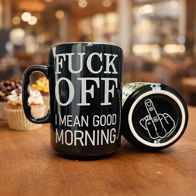 Fuck Off Middle Finger Mug, 17 Oz Ceramic Coffee Mug with Middle Finger Bottom, Offensive Humor Mug, Sarcastic Cup, Gag Gift for Coworker, Friend, Husband, Adult Humor Coffee Mug Black, Fuck Mug