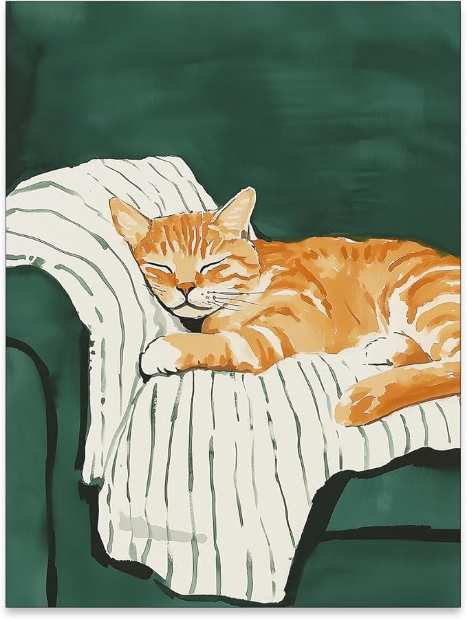Sleeping Orange Cat poster Green Aesthetic Wall Art Preppy Funky Cute Animal Canvas Painting Gift For Cat Lover for Cozy Room Wall Decor 08x10 inch Unframed