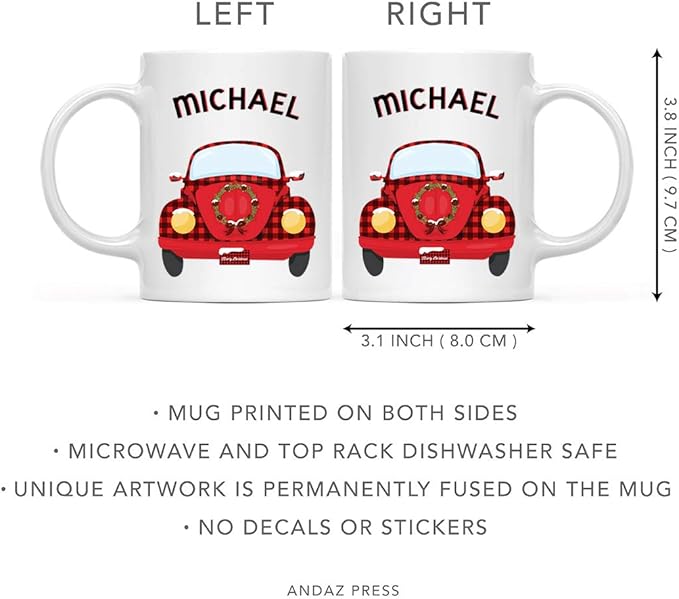Andaz Press Personalized 11oz. Kids Hot Chocolate Mug, Red VW Bug Car with Wreath, 1-Pack, Custom Child’s Birthday Christmas Coffee Cup