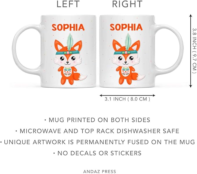 Andaz Press Personalized 11oz. Kids Milk Hot Chocolate Mug, Tribal Fox, 1-Pack, Custom Child’s Birthday Christmas Coffee Cup