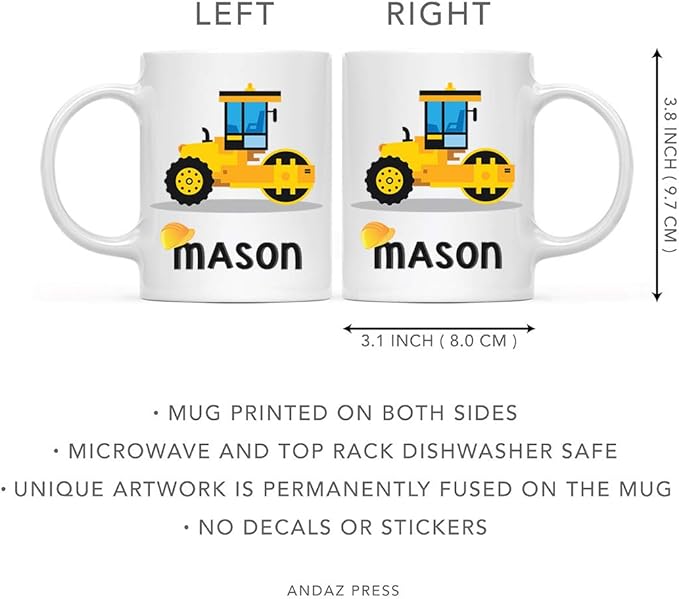Andaz Press Personalized 11oz. Kids Hot Chocolate Mug, Yellow Construction Truck Road Roller, 1-Pack, Custom Child’s Birthday Christmas Coffee Cup