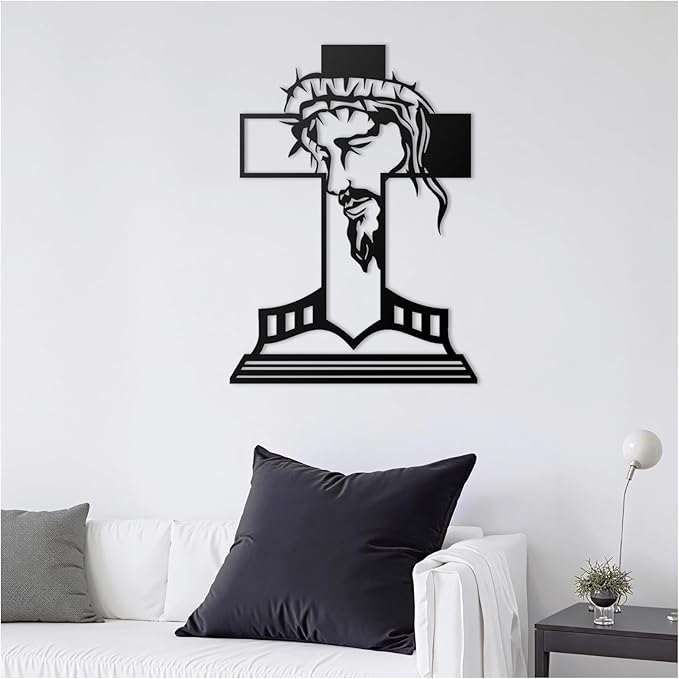 MDFUGEG Metal Cross Jesus Wall Decor-14.5x10.04in Black Religious Wall Art for Christian Catholic | Home Church Living Room Bedroom Decor, Baptism Mother's Day Religious Gifts