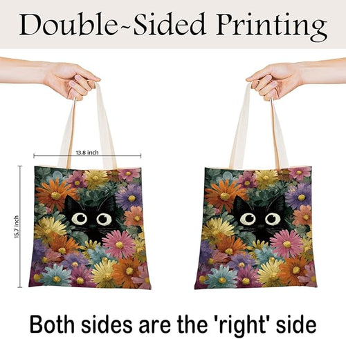 Canvas Tote Bag for Women, Black Cat and Floral Print Aesthetic Handbag, Cute Animal Reusable Shopping Bag for Work Travel Beach Grocery, Cat Lover Gift, Daily Use Tote