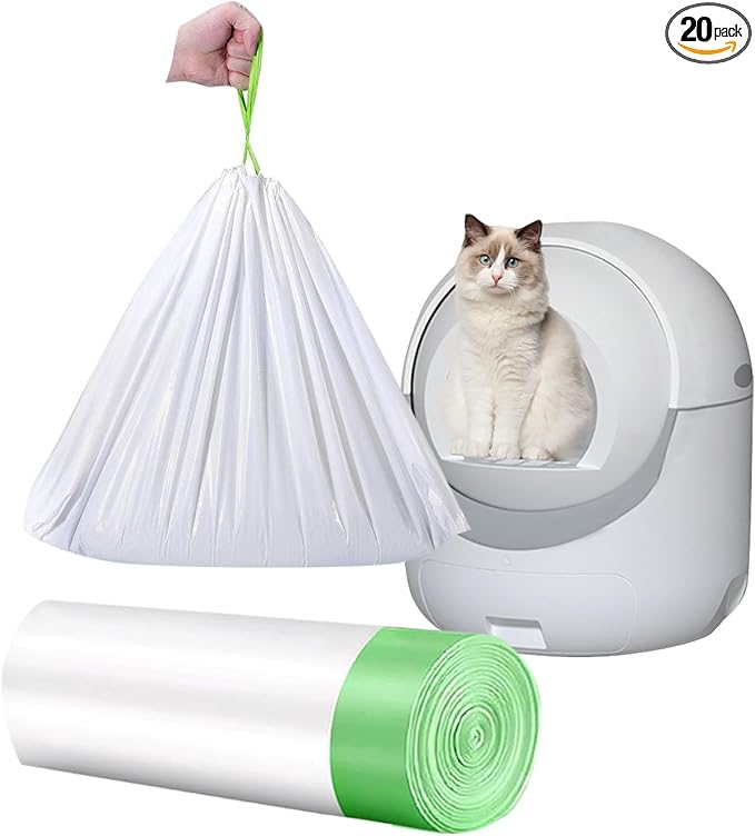 20 Count Cat Drawstring Litter Box Liners 26.6x16.7 inches 2Mils Super Thickfor Self-Cleaning Litter Box Cat Litter Pan Trays (Green Drawstring 20 count)