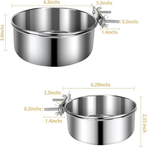 2 Pcs Large Pet Dog Food Water Bowl for Cage Stainless Steel Non-Spill Kennel Hanging Cats Bowls with Clamp Holder Crate Feeder Dish for Medium Large Dogs Huge Pets (7.1x2.5'' & 6.3x2.4'')