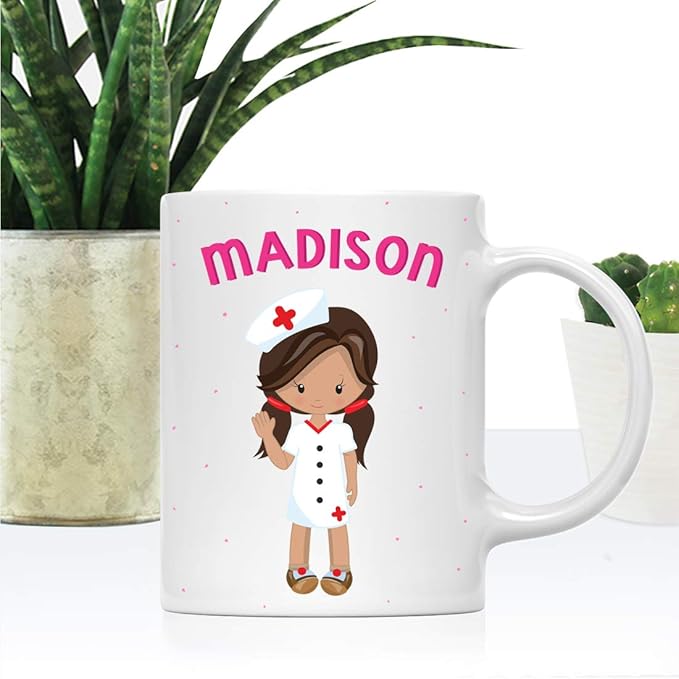 Andaz Press Personalized 11oz. Kids Milk Hot Chocolate Mug, Brown Haired Girl Nurse with Two Plaits, 1-Pack, Custom Child’s Birthday Christmas Coffee Cup