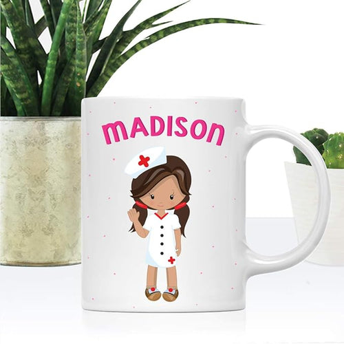 Andaz Press Personalized 11oz. Kids Milk Hot Chocolate Mug, Brown Haired Girl Nurse with Two Plaits, 1-Pack, Custom Child’s Birthday Christmas Coffee Cup
