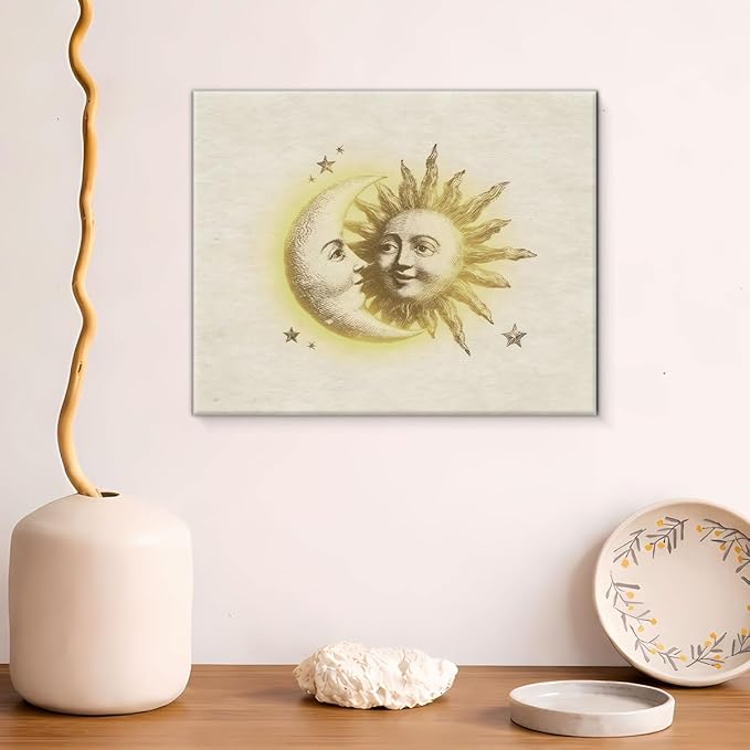 Vintage Mystical Celestial Canvas Wall Art Whimsical Sun and Moon Print Painting Retro Wall Decor for Home Bedroom Nursery 8x10 Inches Framed