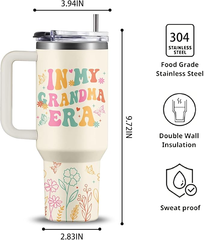 In My Grandma Era Tumbler 40oz - Insulated Stainless Steel Cup with Handle & Straw - Funny Gift for New Grandma, First Time Grandmas, Cool Grammy - Christmas, Birthday Gift for Her