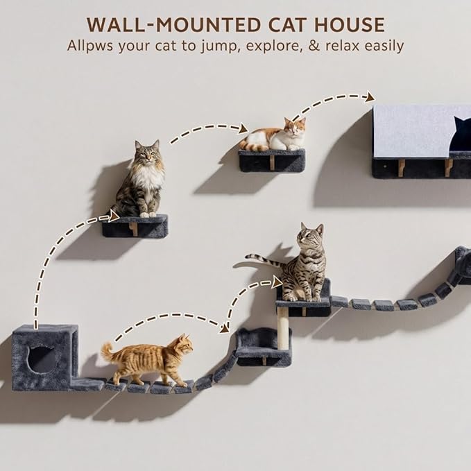 16-in-1 Cat Wall Shelves, Wall Mounted Cat Furniture Set w/Plush Fabric, Cat Climbing Wall Systems, Cats Shelf with 40''L Tunnel, Condos, House, Steps, Bridge Ladder & Scratching Post, Grey