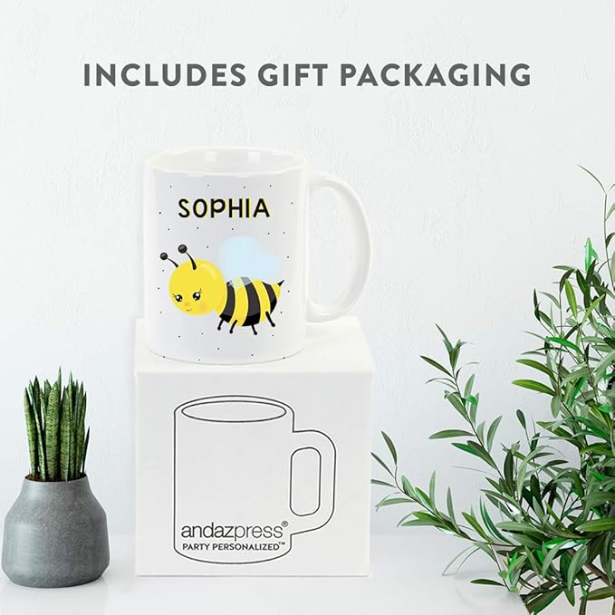 Andaz Press Personalized 11oz. Kids Milk Hot Chocolate Mug, Busy Bee Posture 3, 1-Pack, Custom Child’s Birthday Christmas Coffee Cup