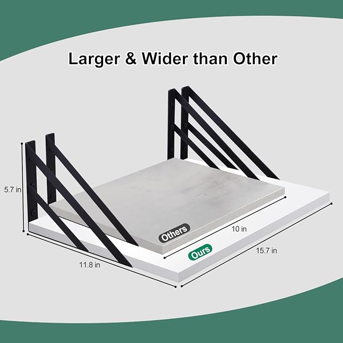 Tectocker-DOU 2 Pc Deep Floating Shelves ; 12 Inch Deep Wall Mounted Hanging Shelves for Living Room, Kitchen, Office, Bathroom and Bedroom Decor; Storage and Display Shelf Set (White)