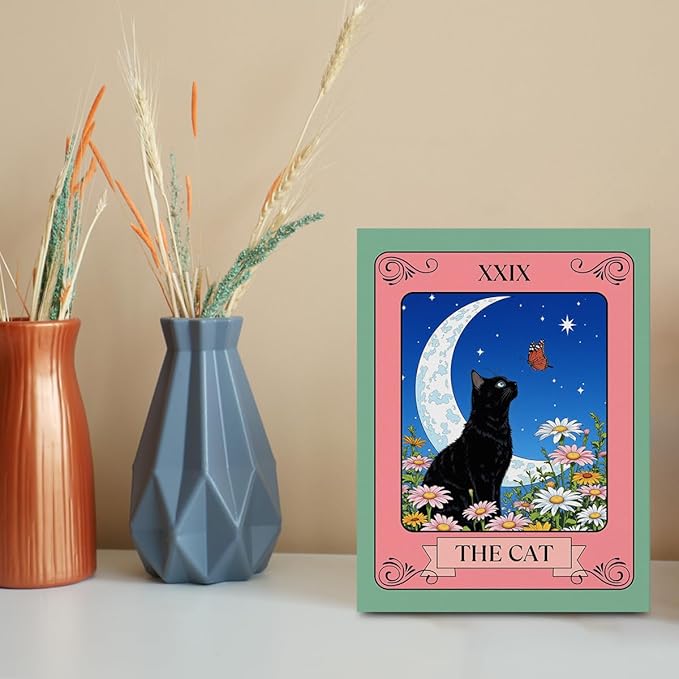 The Cat Tarot Card Wall Art, Gifts for Cat Lovers, Botanical Flower Framed Canvas Prints Aesthetic Decor, Vintage Moon Posters Artwork for Walls Living Room Entryway Bedroom Decor 15x11.4 inch