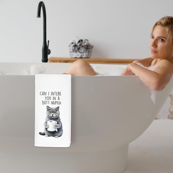 Funny British Shorthair Cat Bathroom Hand Towels, Cat Lovers Mom Dad Lady Gifts, Can I Interest You in a But Napkin British Blue Kitten Decorative Hand Towels for Washroom Restroom, 16x25 Inch