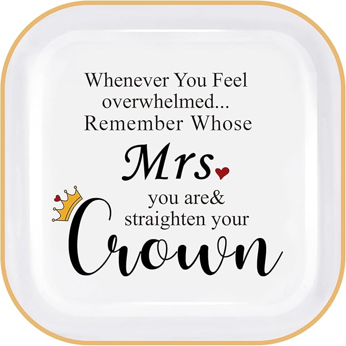 PUDDING CABIN Mothers Day Gifts for Wife Mrs. Jewelry Dish - Remember Whose Mrs. you are & Straighten Your Crown - Engagement Wedding Ring Holder Jewelry Tray, Anniversary Birthday Gift for Wife