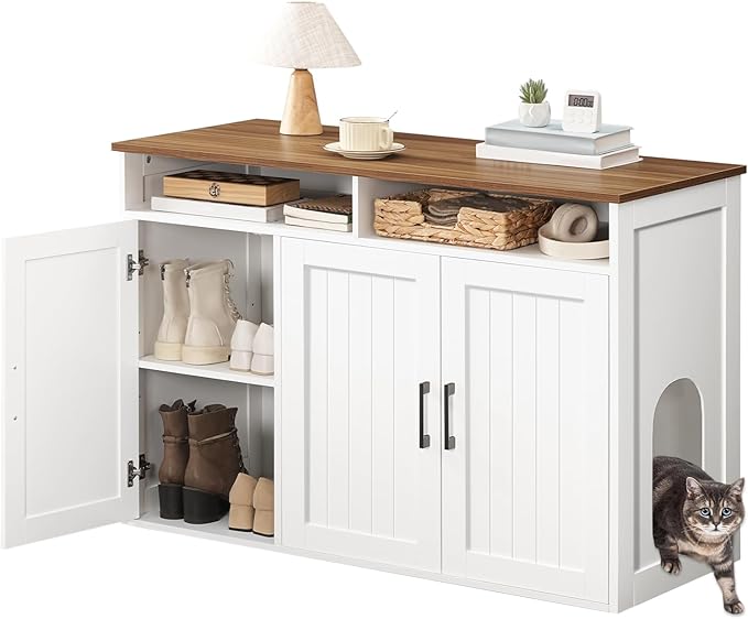 Cat Litter Box Enclosure for Self Cleaning Litter Boxes, Large Hidden Litter Box Furniture with Shelves, Wooden Cat Washroom Storage Cabinet, Automatic Litter Box Enclosure, White CWBZ3001