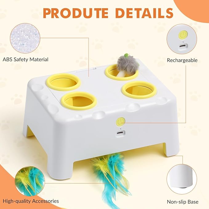 Interactive Cat Toys for Indoor Cats, 2-in-1 Cat Toys Interactive for Bored Indoor Adult Cats, Automatic Electronic Feather Cat Toy, 4 Holes Mole, Rotating Feather, USB Rechargeable