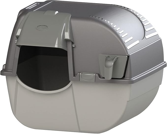 Omega Paw Premium Roll 'N Clean Self Cleaning Litter Box with Integrated Litter Step and Unique Sifting Grill for Quick Maintenance, Large Size, Gray