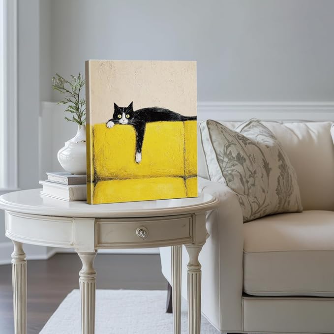 Vintage Black Cat Wall Art Decor Funny Kitten on Couch Print Picture Cat Lover Gifts Wall Decor for Home Living Room 8x10 Inch Canvas Framed