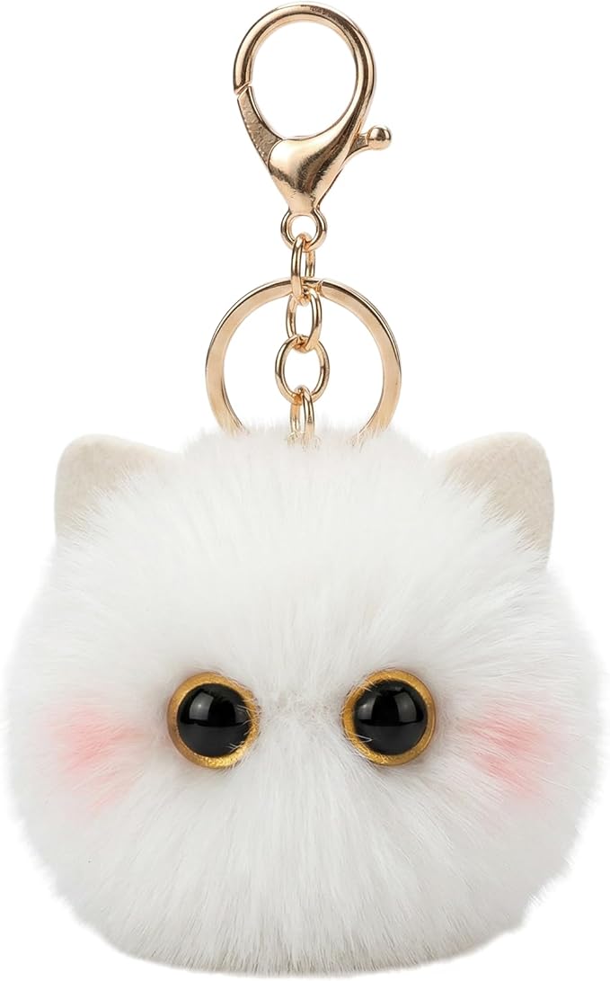Cute White Cat Plush Keychain - Kawaii Snow Cat Pom Pom Bag Charm, Soft Keychain for Backpack Purse, Birthday Gift for Women Girls