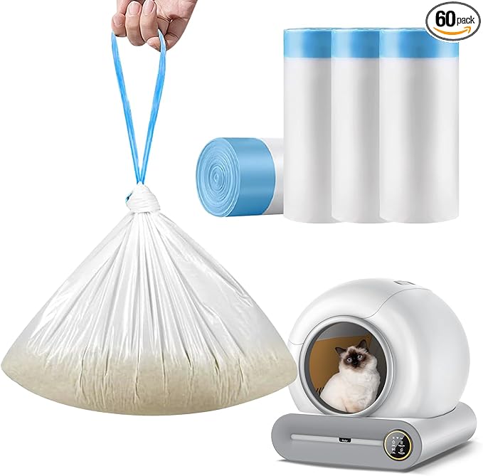 Self Cleaning Cat Litter Box Liner - 60 Counts, Drawstring Cat Litter Waste Container Bags for Self-Cleaning Litter Boxes, Durable, Tear-Resistant, Liquid-Tight