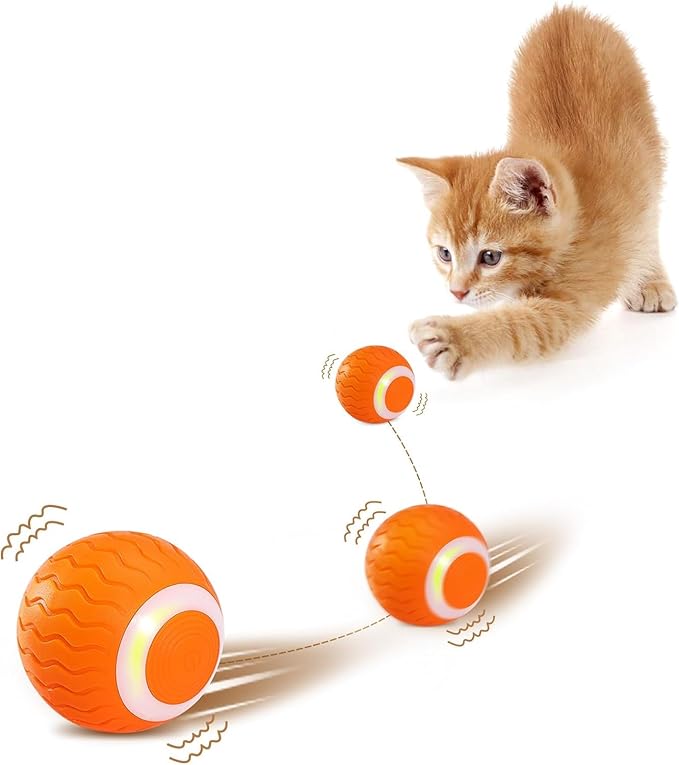 Cat Toys Interactive Spinning Ball, for Cats and Kittens. Great Exercise, with Flashing LED Lights, and it’s Rechargeable. Orange