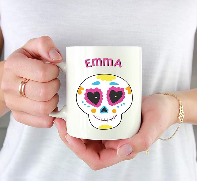 Andaz Press Personalized 11oz. Kids Hot Chocolate Mug, Mexican Day of the Dead Dia de Los Muertos Pink Skull, 1-Pack, Custom Child’s Birthday Christmas Coffee Cup