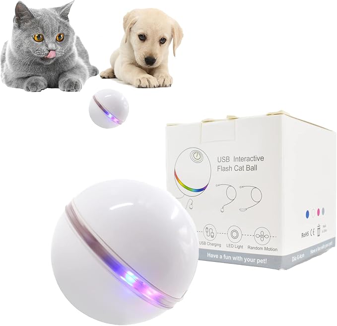 Automatic Active Rolling Ball for Cats, Self Moving Interactive Dog Toys for Boredom, Wicked Ball for Small Dogs/Cats with LED Lights, USB Rechargeable(White)