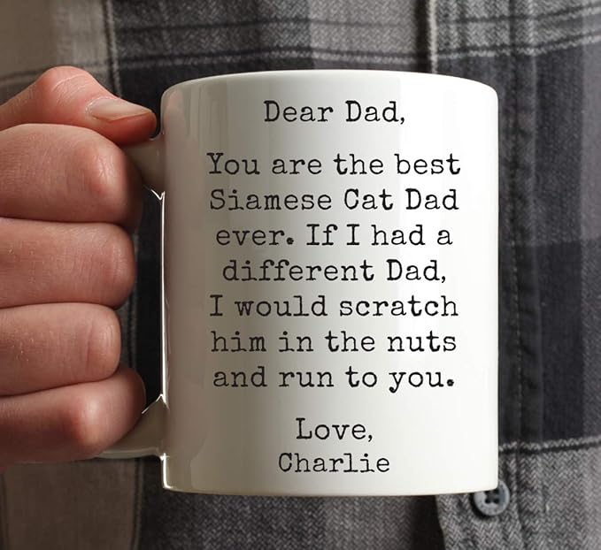 Andaz Press Personalized Funny Dad 11oz. Coffee Mug Gag Gift, Best Siamese Cat Dad, Scratch in Nuts and Run to You, 1-Pack, Custom Cat Lover's Christmas Birthday Ideas, Includes Gift Box
